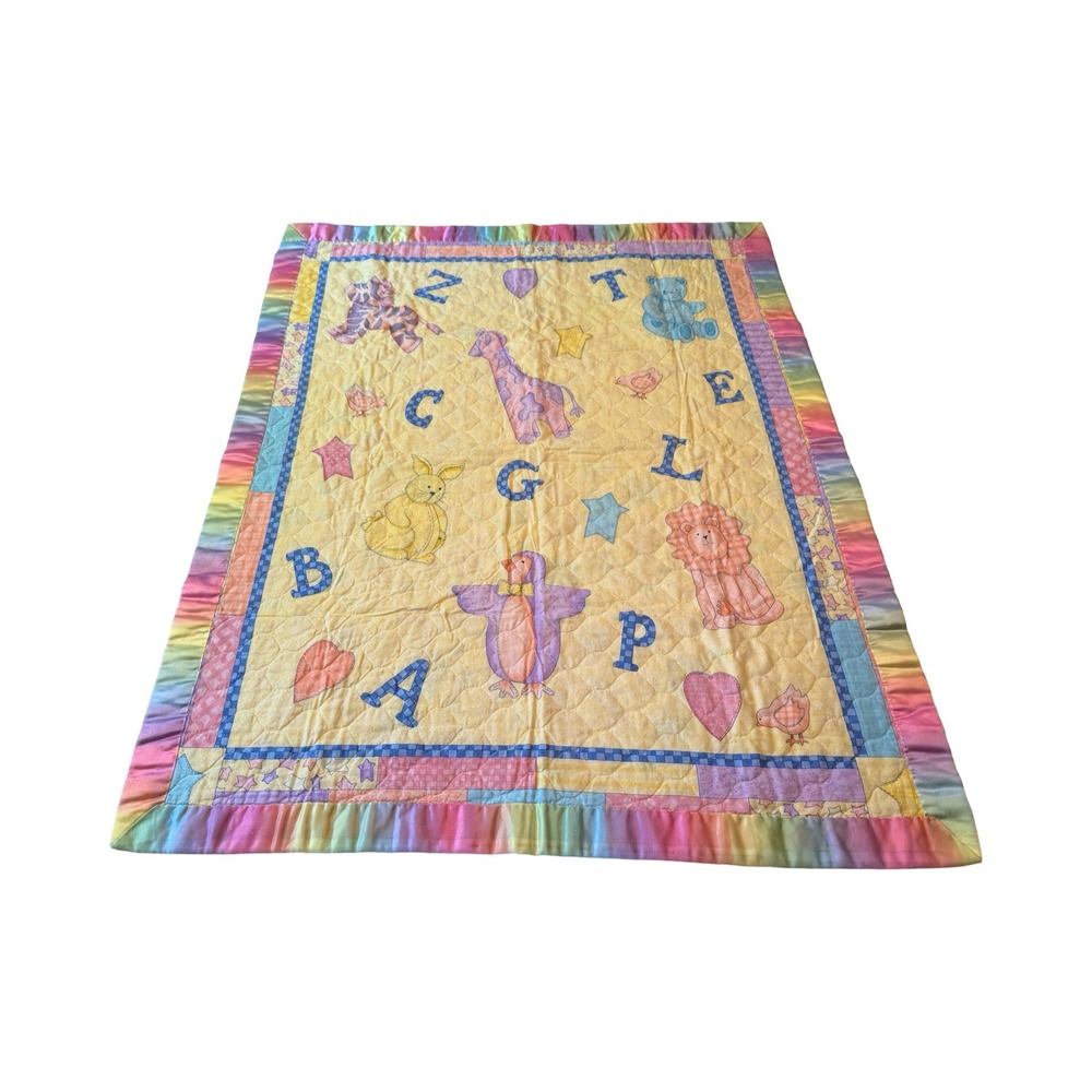 Vintage Alphabet Animal Baby Quilt Yellow Rainbow Satin Edge Blanket